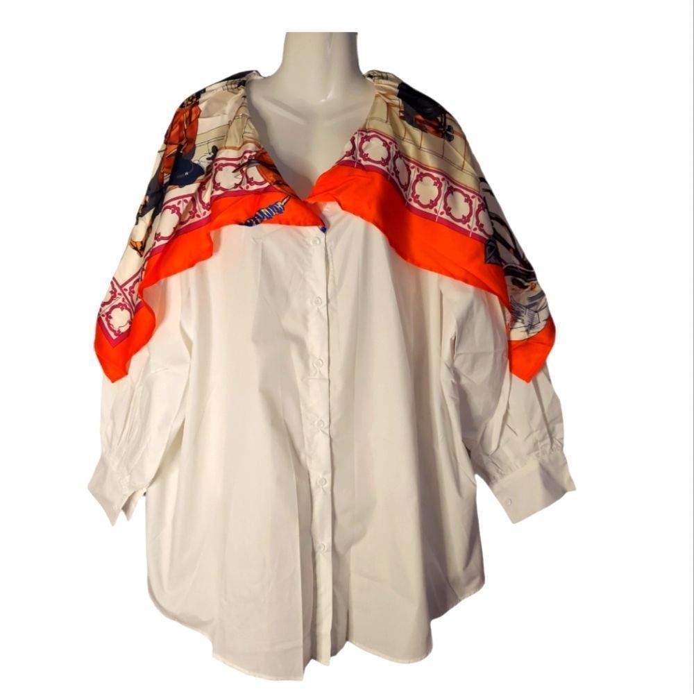 Long-Sleeve Neckerchief Accent Blouse
